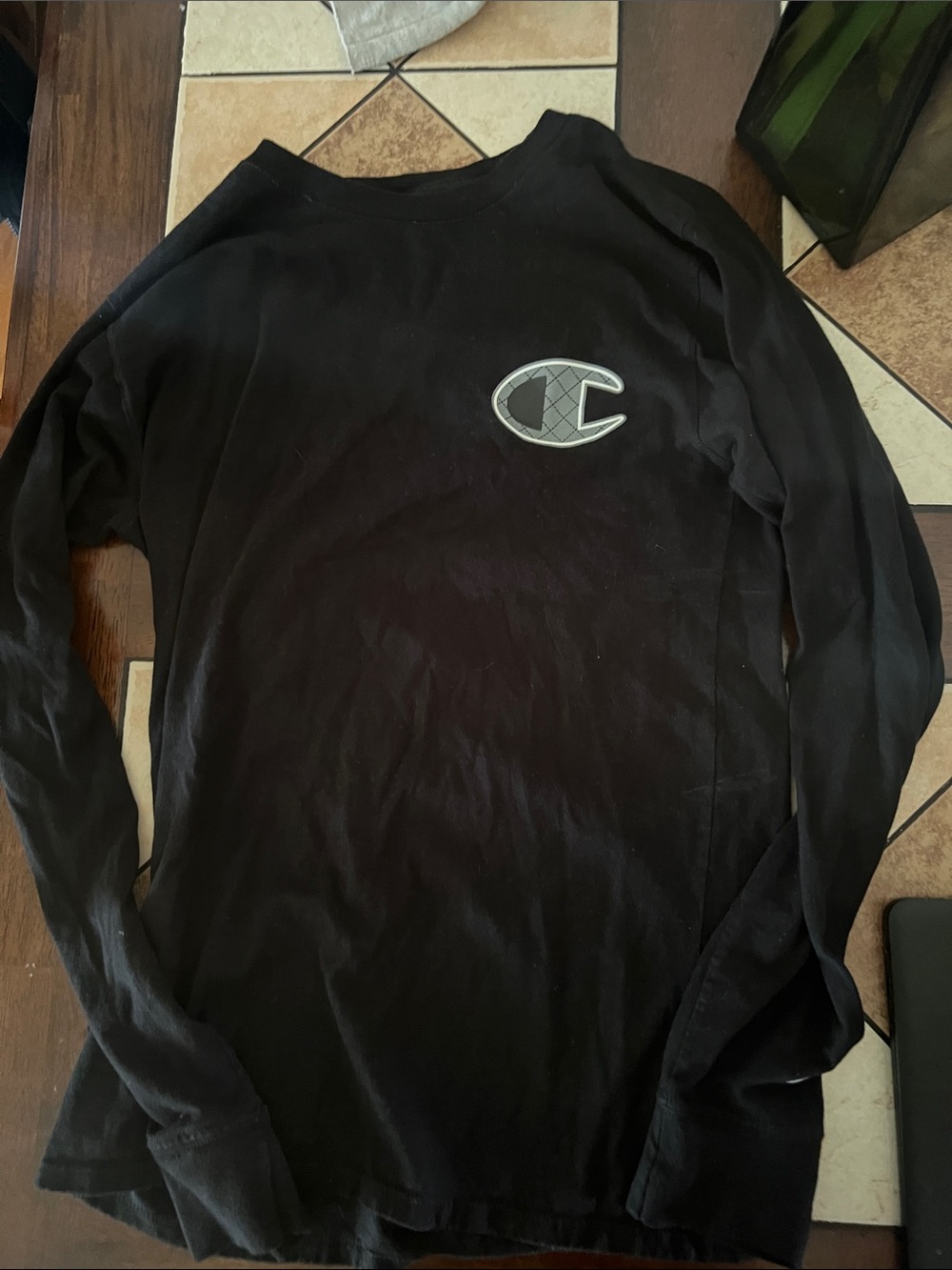 Champion Black Long-Sleeve Tee with Gray Chest Logo